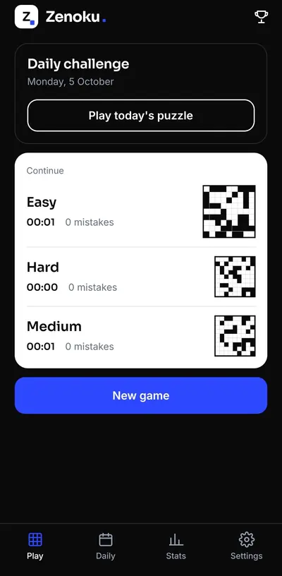 Zenoku: home screen in dark mode